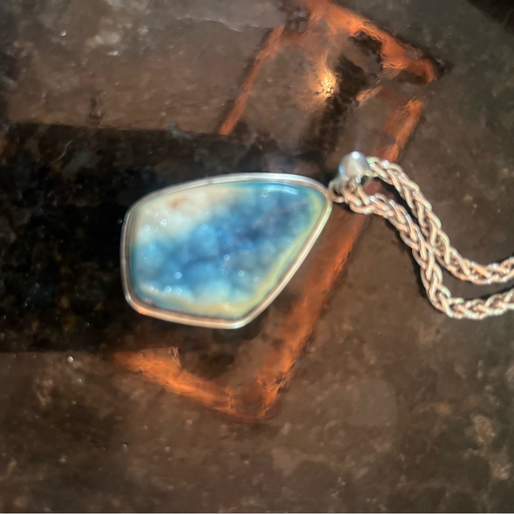 Blue Druze Pendant on Sterling Silver Necklace - Picture 4 of 6